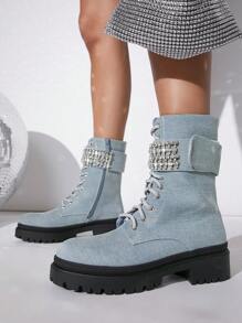 SHUZIA Rhinestone Decor Lace-up Front Combat Boots