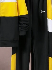 SHEIN Conjunto de moletom com capuz e calça de moletom para meninos pré-adolescentes, lã espessada, casual, solta, bloco de cores