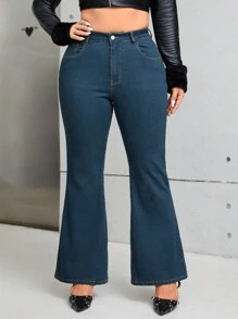 SHEIN Essnce 大碼牛仔喇叭褲 - 深色水洗藍 - 查看 3