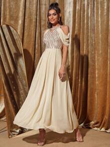 SHEIN Belle 露肩亮片镶嵌露肩连衣裙优雅正式晚会舞会婚礼宾客礼服，适合毕业典礼、晚宴或节日派对服装 - 香檳色 - 查看 1