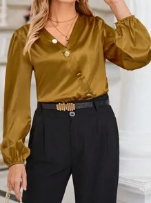 SHEIN Clasi 纯色前扣缎面衬衫 金色衬衫棕色衬衫 优雅金色衬衫丝绸衬衫 - 黃色 - 查看 5