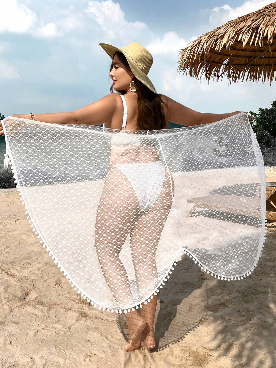 SHEIN Swim Curve Kimono lưới mỏng chấm bi Swiss Dot viền Pom Pom cỡ lớn mùa hè - trắng - Xem 1