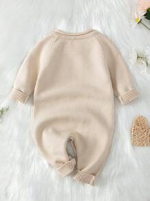 Baby Girl Raglan Sleeve Button Detail Cable Knit Jumpsuit - Apricot - View 2