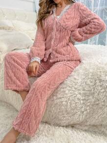 Contrast Lace Trim Flannelette PJ Set - Pink - View 1