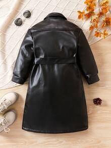 SHEIN 女小童翻蓋口袋腰帶PU皮革外套 - 黑色 - 查看 2