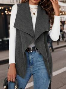 SHEIN LUNE Waterfall Collar Belted Vest Overcoat - Grey - View 6