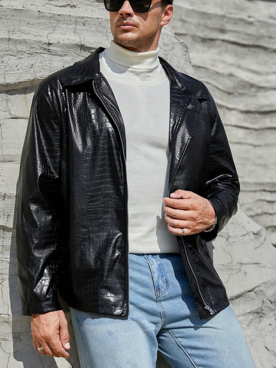 Manfinity VCAY Men Plus Crocodile PU Leather Jacket, For Fall Winter - Black - View 1