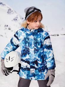 SHEIN Tween Boy Mountain Print Hooded Sports Coat