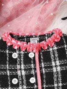 Baby Girl Plaid Pattern Frill Trim Double Breasted Coat - Black - View 4