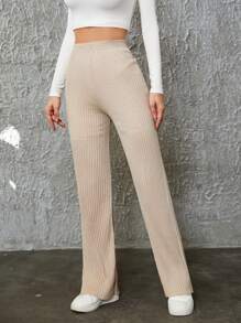 EURMUSE Solid Rib-Knit Wide Leg Pants - Apricot - View 4