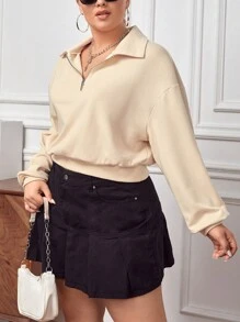 SHEIN Essnce Hơn Một nửa khóa kéo Thả vai Hem đàn hồi Áo nỉ - Màu be - Xem 6