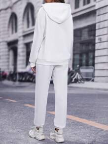 SHEIN LUNE 落肩袖連帽衫和運動褲 - 白色 - 查看 2
