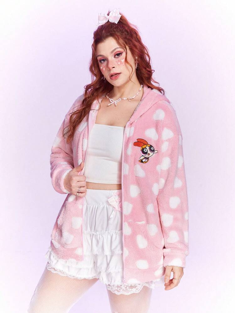 The Powerpuff Girls | ROMWE Talla grande Cazadora teddy con bordado de dibujos animados con patrón de corazón de hombros caídos con capucha - Rosa - Ver 2