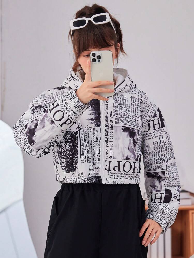 Teen Girl Newspaper Print Drop Shoulder Hooded Crop Padded Coat Without Sweatshirt