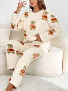 Bộ đồ PJ/Bộ đồ ngủ họa tiết gấu thả vai - Màu be - Xem 5