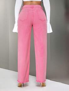 SHEIN SXY 高腰毛邊闊腿牛仔褲 - 玫紅色 - 查看 3