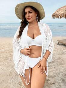 SHEIN Swim Curve Kimono lưới mỏng chấm bi Swiss Dot viền Pom Pom cỡ lớn mùa hè - trắng - Xem 3