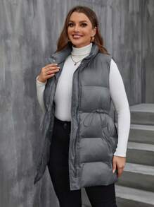 SHEIN LUNE Plus Drawstring Waist Zipper Vest Padded Coat - Grey - View 5