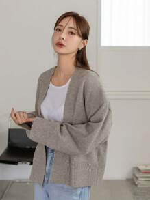 Dazy-Less 纯色落肩开衫，女士休闲系带落肩 V 领常规版型摩卡棕色纯色女士开衫，春/秋，休闲日常穿着老式风格商务休闲女士工作服 - 摩卡棕 - 查看 5