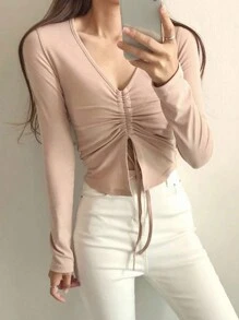 DAZY Solid Drawstring Front Slit Hem Tee,Fall Clothes Long Sleeve Women Tops - Pink - View 2