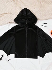 SHEIN 休閒拉鍊 仿皮草拼接純色女童（大）外套