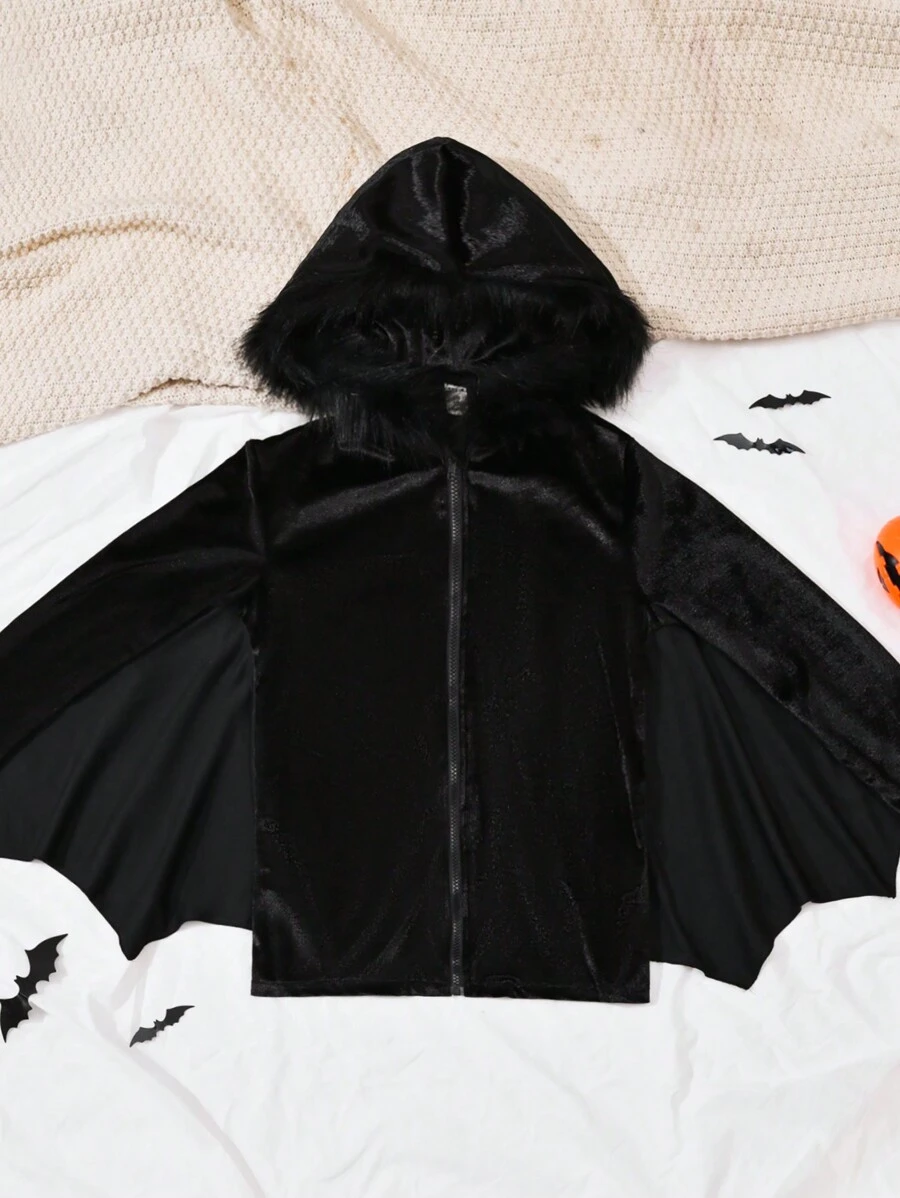 SHEIN 休閒拉鍊 仿皮草拼接純色女童（大）外套