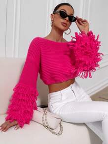 SHEIN Privé Fringe Trim Drop Shoulder Crop Sweater - Hot Pink - View 1