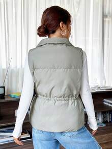 SHEIN EZwear Drawstring Waist Zipper Vest Padded Coat - Mint Green - View 2