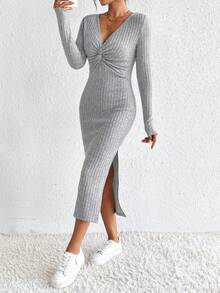 SHEIN Frenchy Mặt trước xoắn Tách đùi Đồ đan Ribbed Tách đùi Đầm - Xám - Xem 5