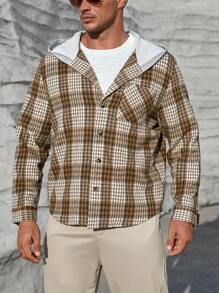 Mainfolk Loose Men's Plus Size Plaid Printed Hooded Overcoat, For Fall Winter - Khaki - View 5