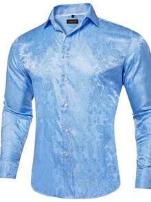 Hombres Camisa con estampado de paisley con botón - Azul - Ver 4