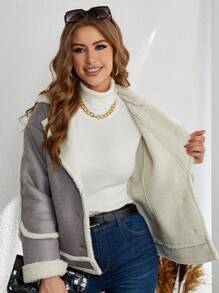 SHEIN Cottnline Lapel Neck Teddy Lined Button Front Coat - Light Grey - View 3