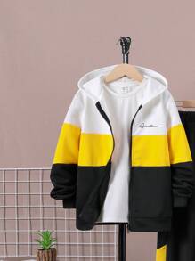 SHEIN Conjunto de moletom com capuz e calça de moletom para meninos pré-adolescentes, lã espessada, casual, solta, bloco de cores