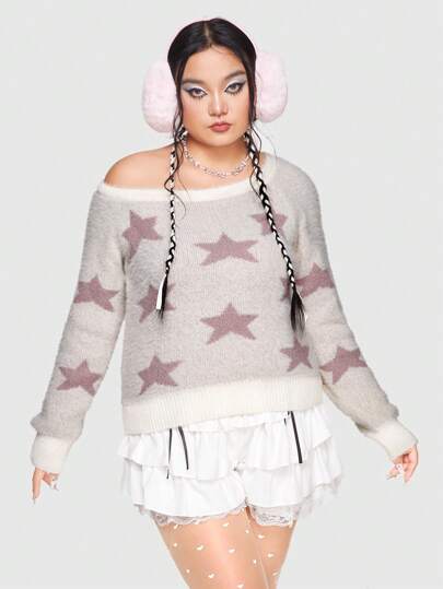 Kawaii Plus Star Pattern Asymmetrical Neck Drop Shoulder Sweater