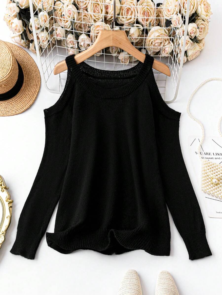 SHEIN LUNE 大碼挖肩素色套頭毛衣 - 黑色 - 查看 1