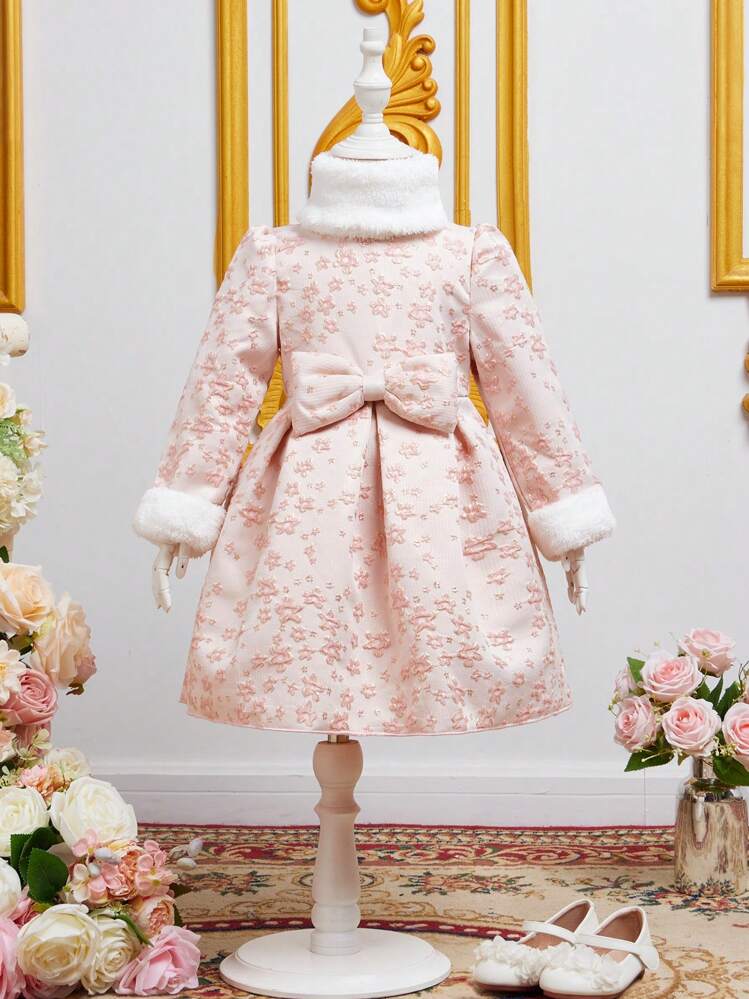 SHEIN בחורה צעירה יחידה 1 בד ג'קארד פפיון קדמי פירוט קפלים שמלות - משמש - ראה 1