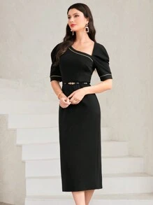Modelyn Asymmetrical Neck Puff Sleeve Dress Without Belt - Black - View 1
