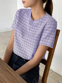 DAZY 格紋印花圓領t恤 - 紫色 - 查看 3