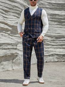 EASEVO Men Plus Plaid Print Shawl Collar Blazer Vest & Suit Pants Without Tee - Navy Blue - View 4