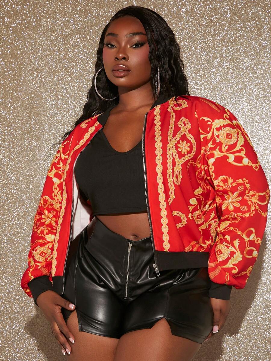 Slaydiva Hơn In hoa Baroque Dây kéo Áo khoác bomber - Nhiều màu - Xem 1