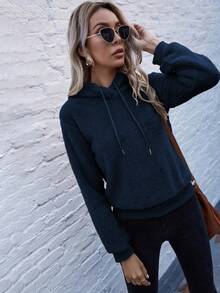 EMERY ROSE 落肩袖抽繩毛絨帽衫 - 藏蓝色 - 查看 3