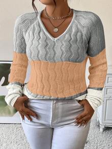 SHEIN LUNE Plus Colorblock Raglan Sleeve Sweater - Dusty Pink - View 3