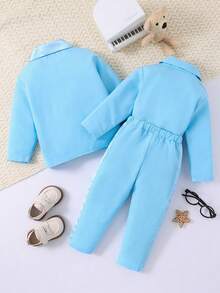 男嬰素色西裝外套&前蝴蝶結襯衫和褲子 - 淺藍色 - 查看 2