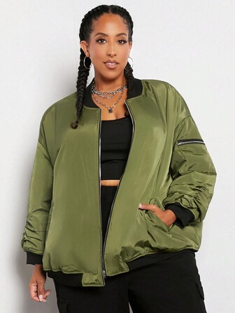 SHEIN CURVE+ Plus Size Zip Up Drop Shoulder Padded Coat