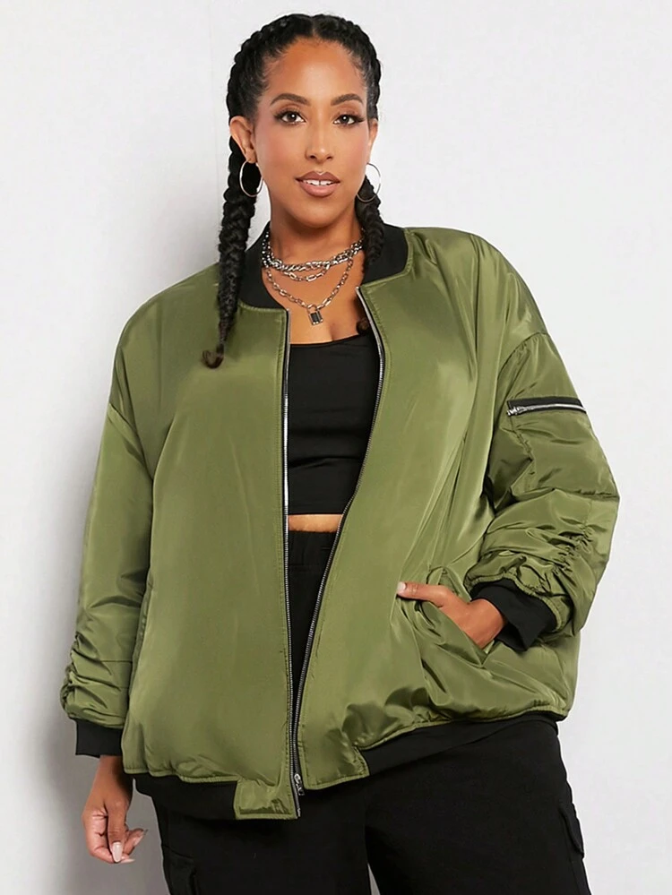 Plus Size Zip Up Drop Shoulder Padded Coat