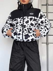 SHEIN EZwear Áo khoác đệm có chi tiết vá chữ hình con bò - Đen và trắng - Xem 1