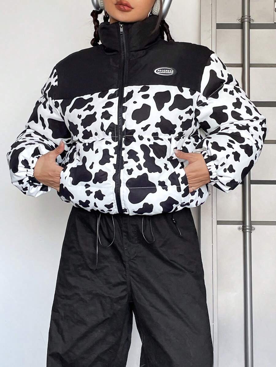 SHEIN EZwear Áo khoác đệm có chi tiết vá chữ hình con bò - Đen và trắng - Xem 1