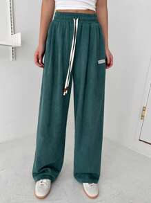 Dazy Star 字母補丁細節腰部抽繩長褲 - 墨綠色 - 查看 3