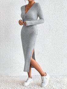 SHEIN Frenchy Mặt trước xoắn Tách đùi Đồ đan Ribbed Tách đùi Đầm - Xám - Xem 3
