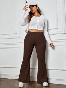 SHEIN EZwear 大碼高腰喇叭褲 - 棕色 - 查看 6